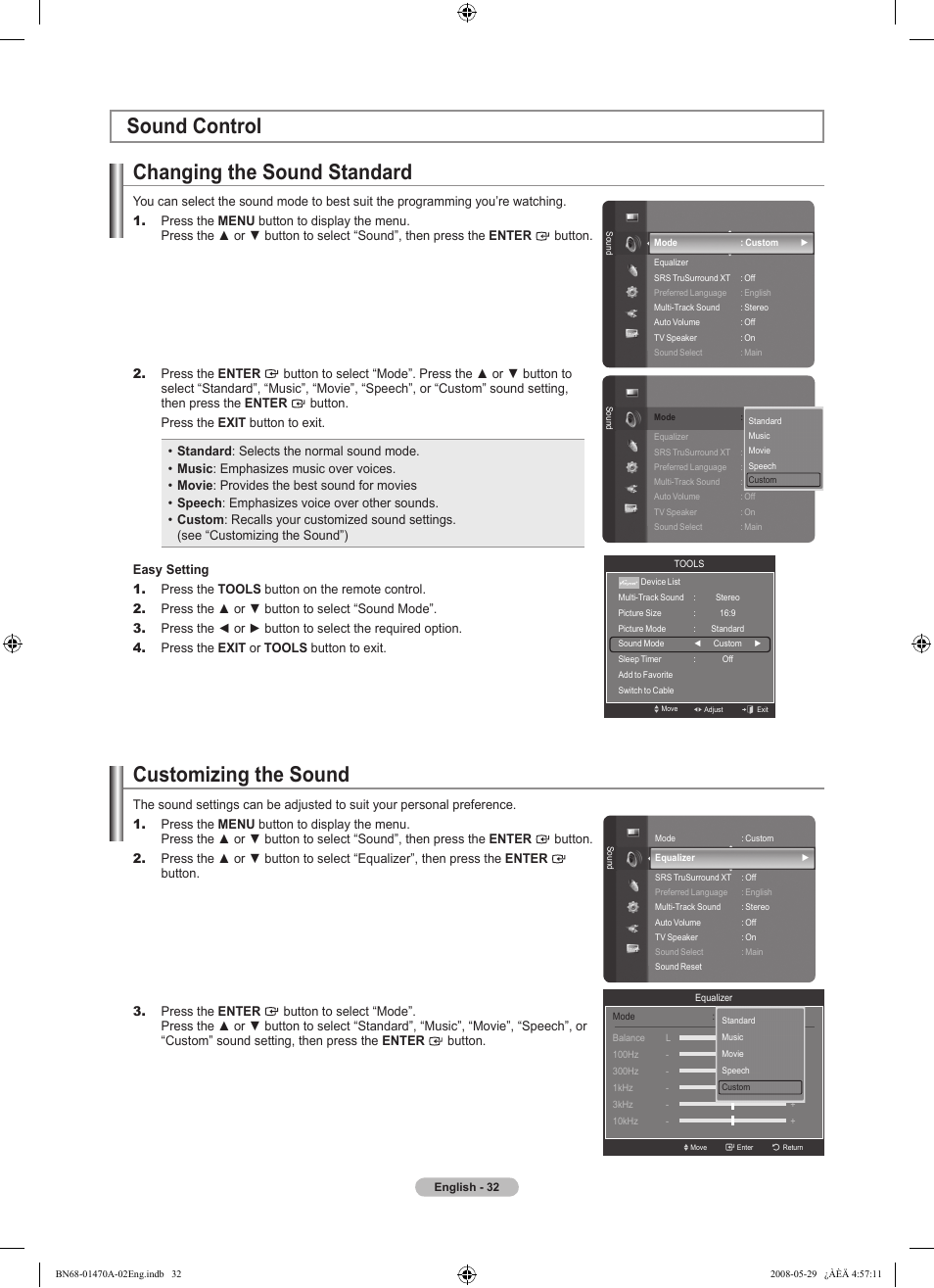 Sound control, Changing the sound standard, Customizing the sound | Sound control changing the sound standard | Samsung LN46A750R1FXZA User Manual | Page 34 / 273