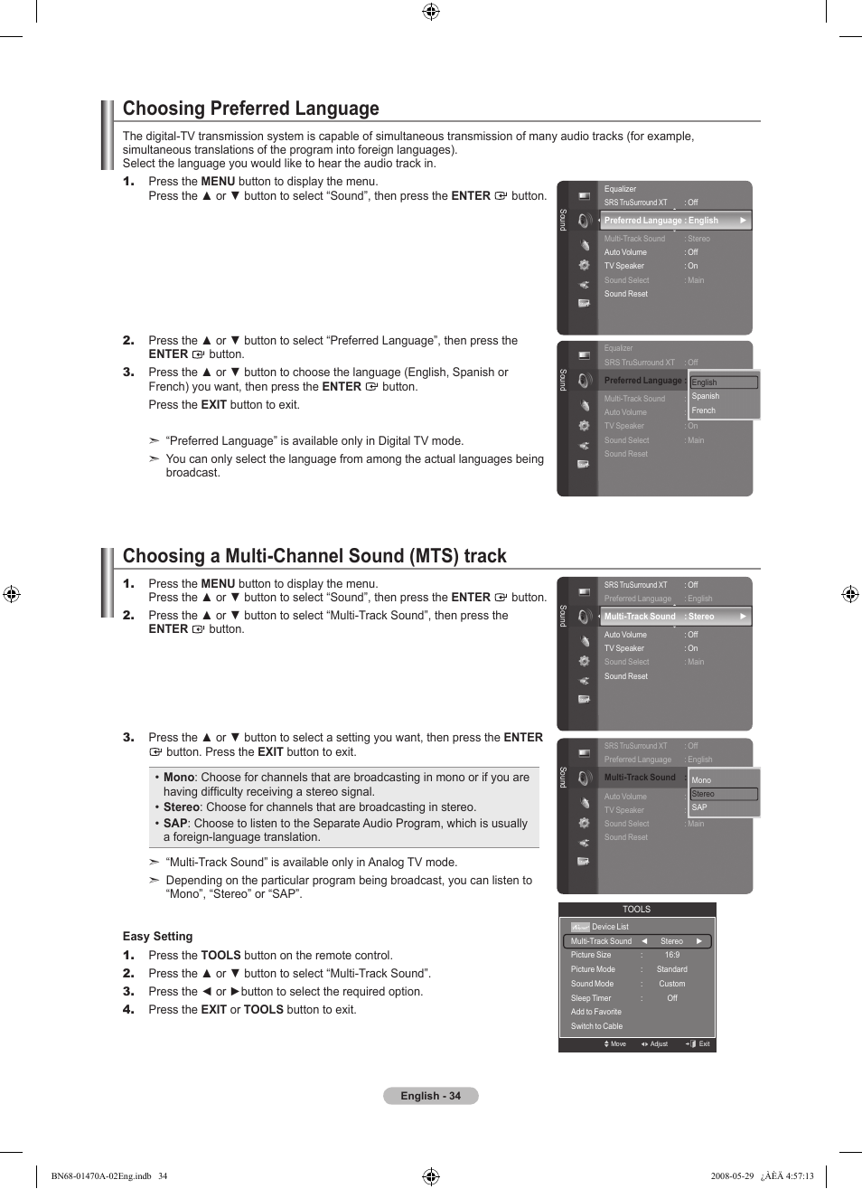 Choosing preferred language, Choosing a multi-channel sound (mts) track | Samsung LN46A750R1FXZA User Manual | Page 36 / 273
