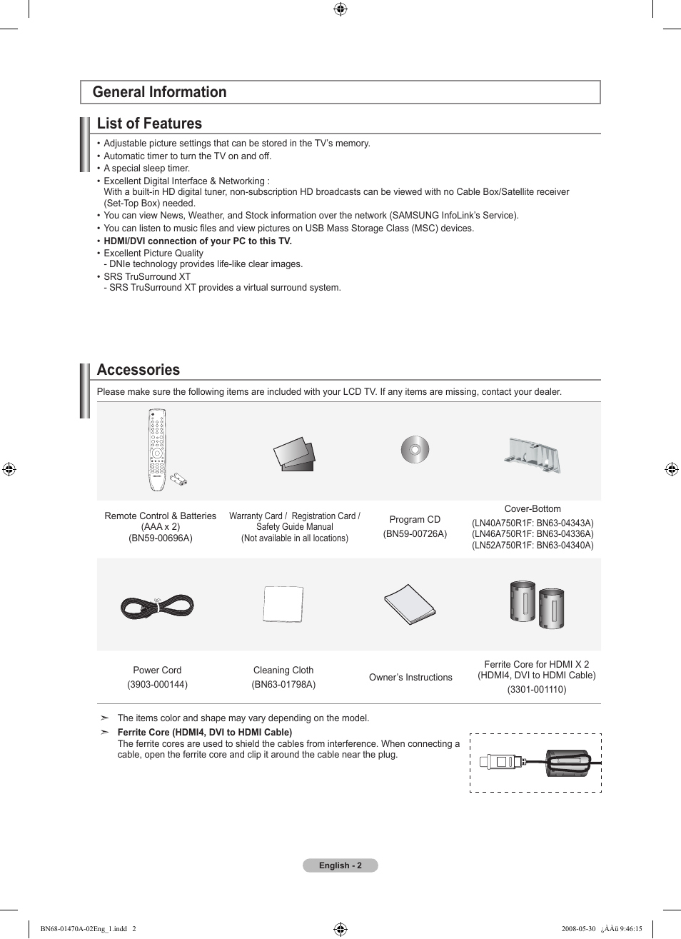 General information, List of features, Accessories | Samsung LN46A750R1FXZA User Manual | Page 4 / 273