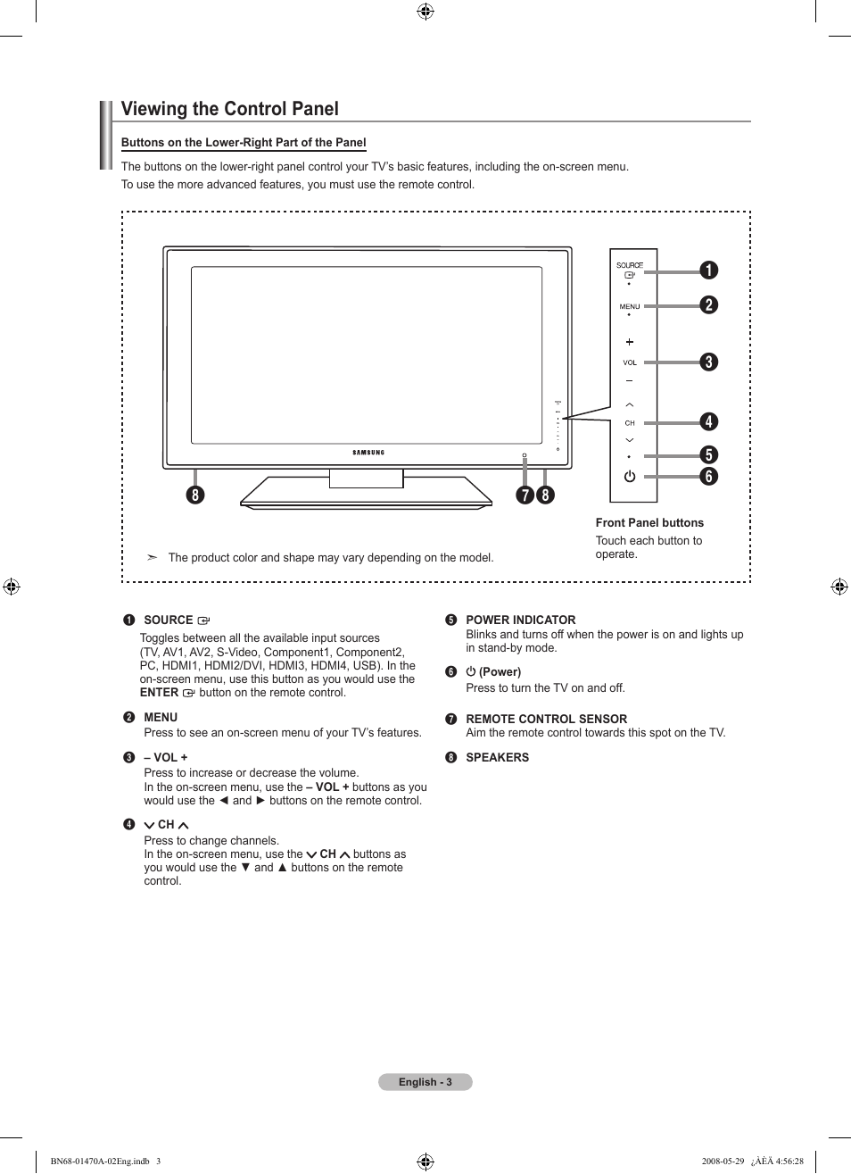 Viewing the control panel | Samsung LN46A750R1FXZA User Manual | Page 5 / 273