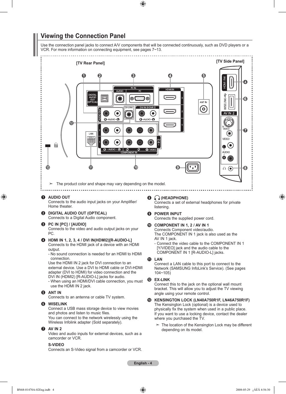 Viewing the connection panel | Samsung LN46A750R1FXZA User Manual | Page 6 / 273