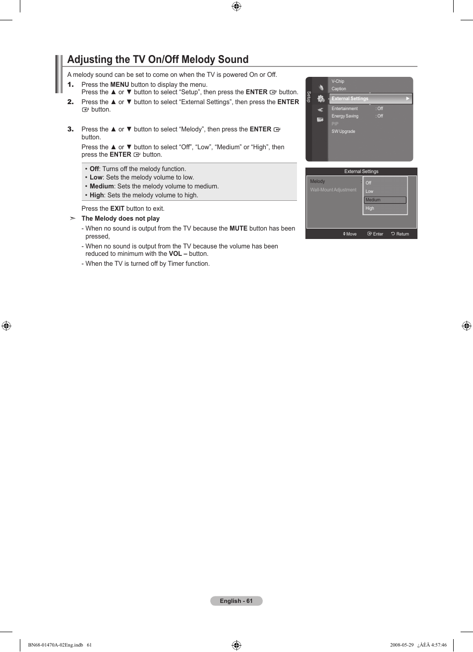 Adjusting the tv on/off melody sound | Samsung LN46A750R1FXZA User Manual | Page 63 / 273