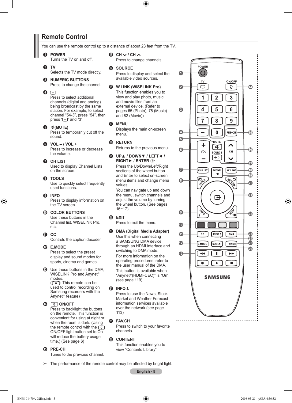 Remote control | Samsung LN46A750R1FXZA User Manual | Page 7 / 273