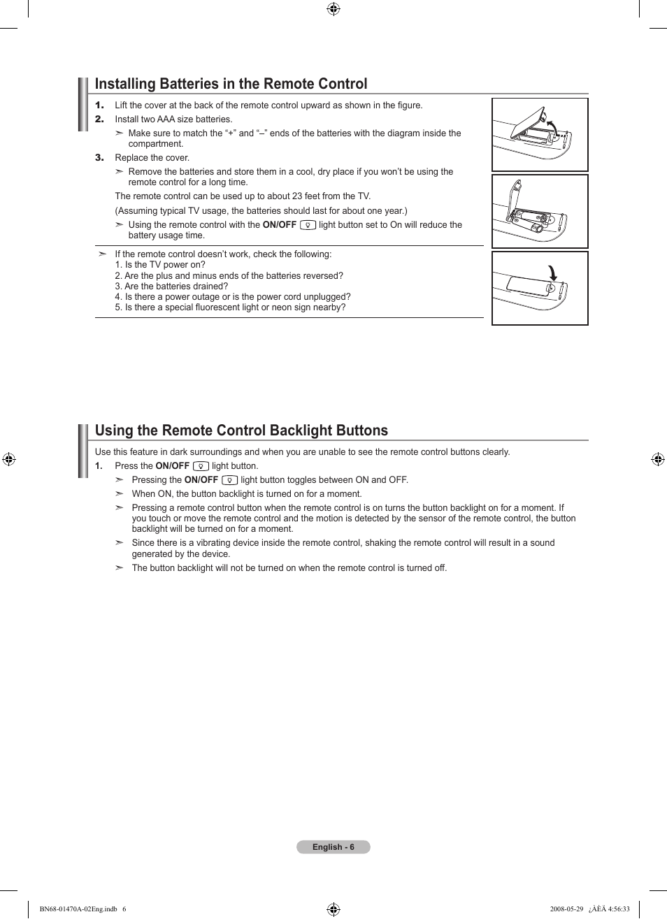 Installing batteries in the remote control, Using the remote control backlight buttons | Samsung LN46A750R1FXZA User Manual | Page 8 / 273