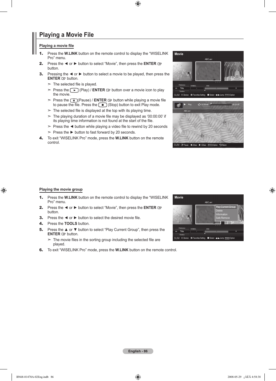 Playing a movie file | Samsung LN46A750R1FXZA User Manual | Page 88 / 273