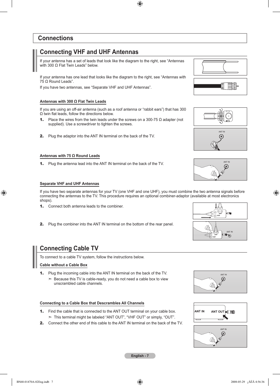 Connections, Connecting vhf and uhf antennas, Connecting cable tv | Samsung LN46A750R1FXZA User Manual | Page 9 / 273