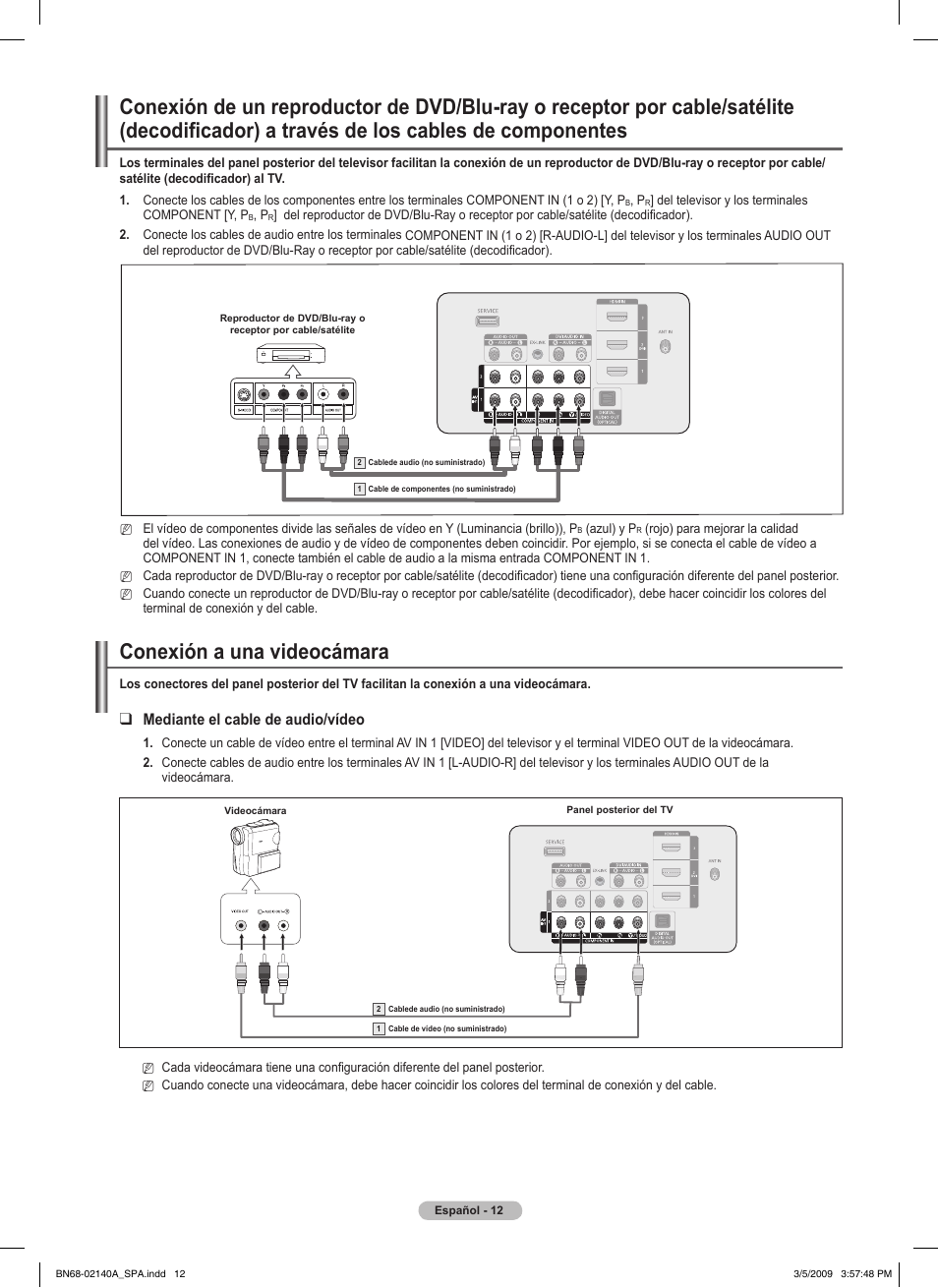 Conexión a una videocámara, Mediante el cable de audio/vídeo | Samsung PN58B530S2FXZA User Manual | Page 57 / 92