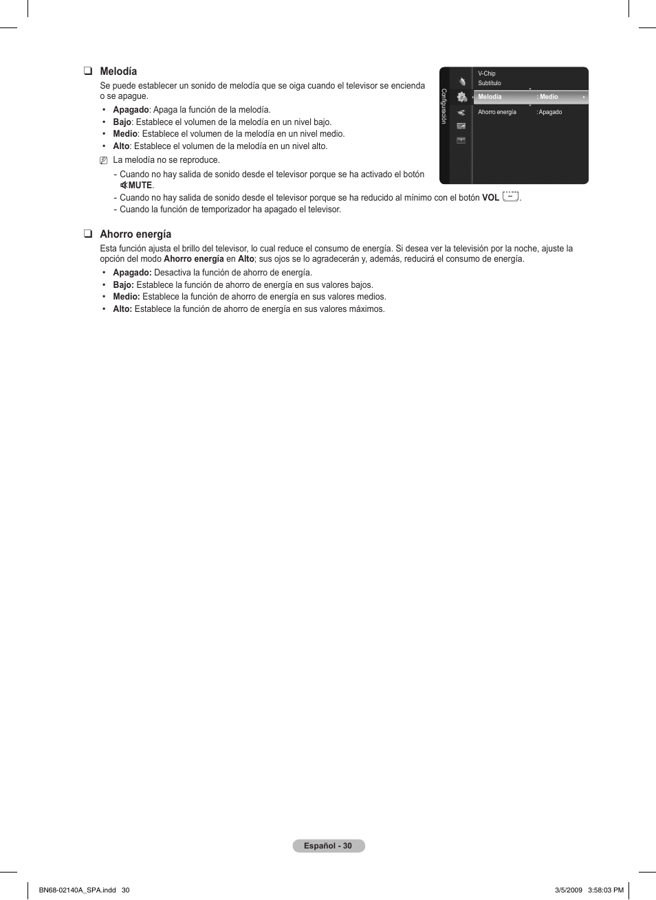 Melodía, Ahorro energía | Samsung PN58B530S2FXZA User Manual | Page 75 / 92