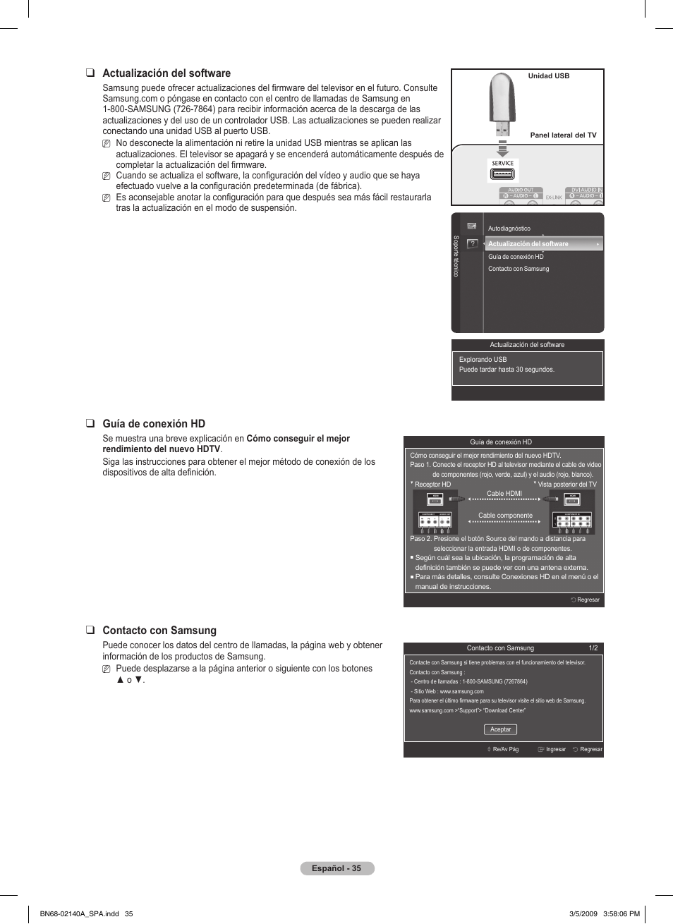 Actualización del software, Guía de conexión hd, Contacto con samsung | Samsung PN58B530S2FXZA User Manual | Page 80 / 92