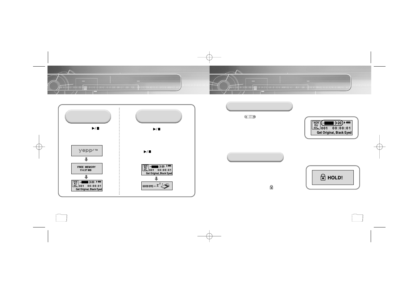 Listening to music with yepp, Setting up volume/hold functions, Playing music | Stopping music, Adjusting the volume hold function | Samsung YP-35H-XAC User Manual | Page 13 / 26