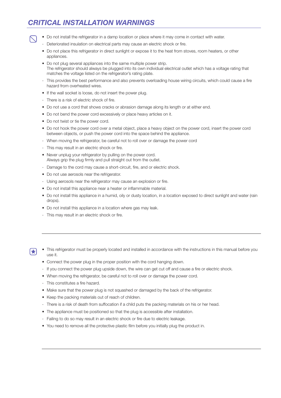 Critical installation warnings | Samsung RS25H5121 User Manual | Page 2 / 12