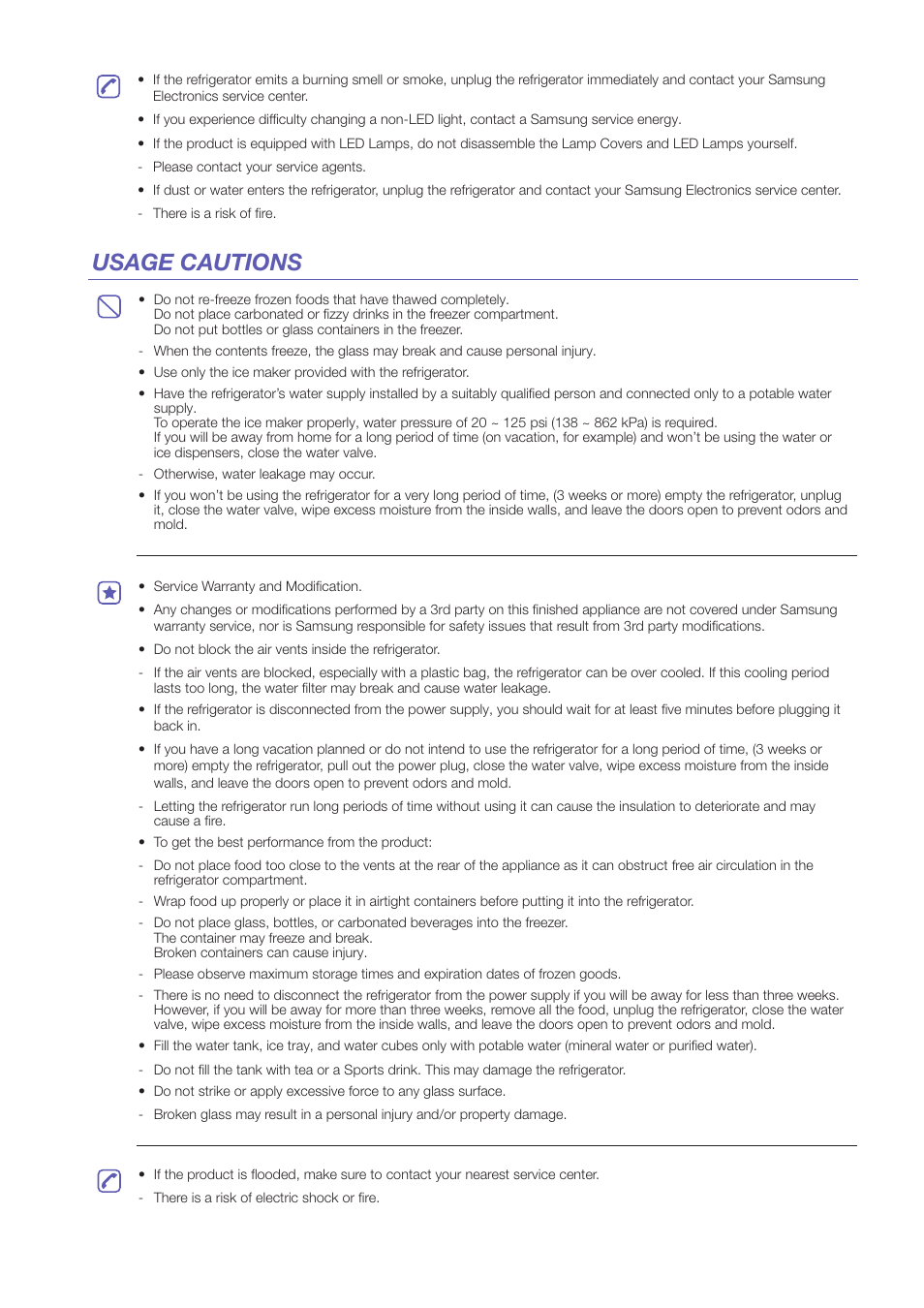 Usage cautions | Samsung RS25H5121 User Manual | Page 5 / 12