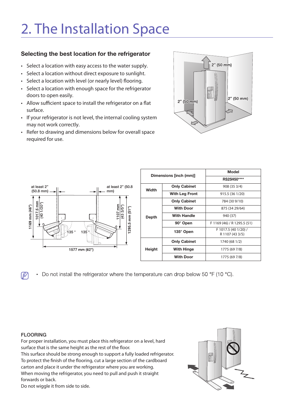 The installation space, Selecting the best location for the refrigerator | Samsung RS25H5121 User Manual | Page 8 / 12