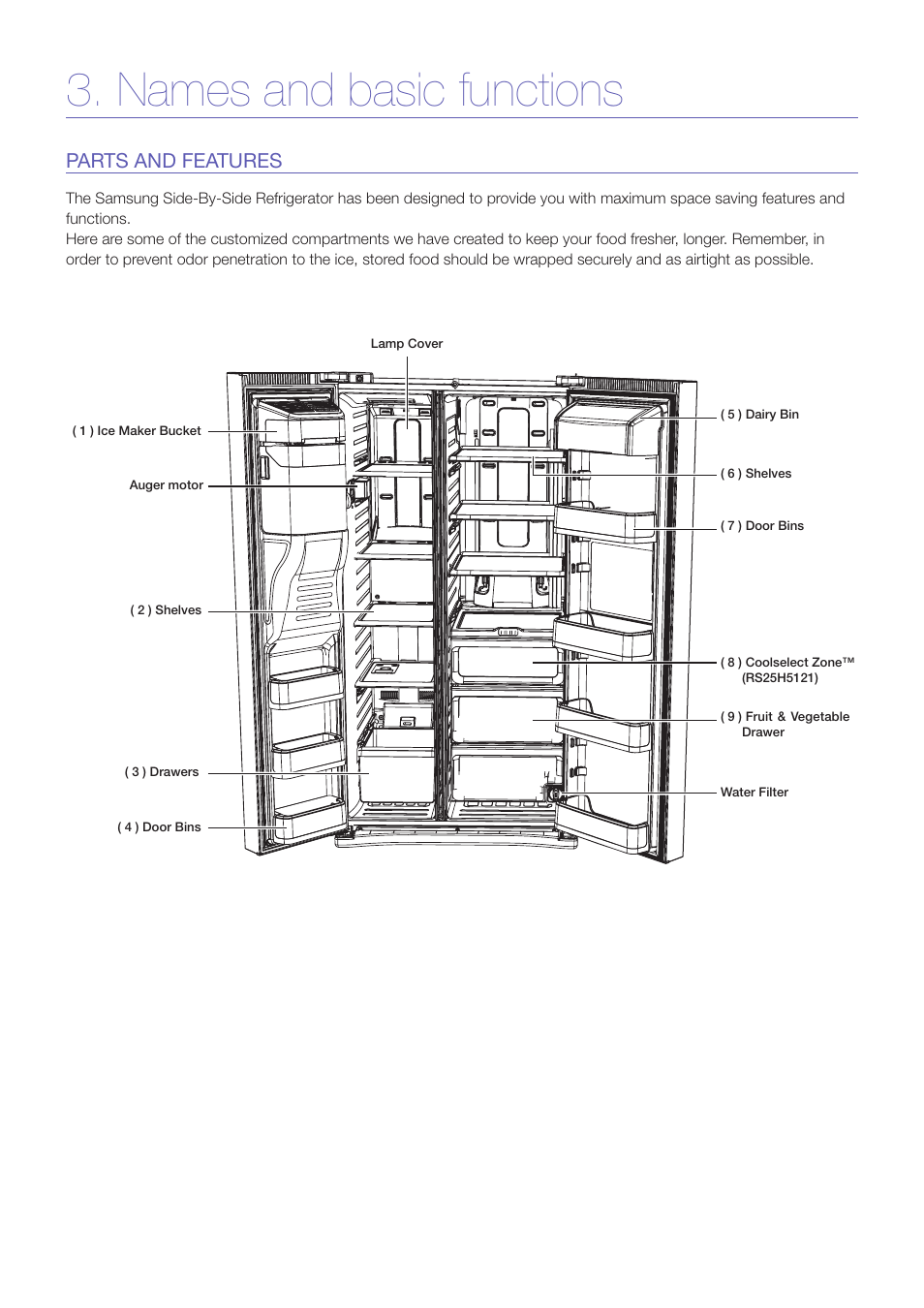 Names and basic functions, Parts and features | Samsung RS25H5121 User Manual | Page 9 / 12