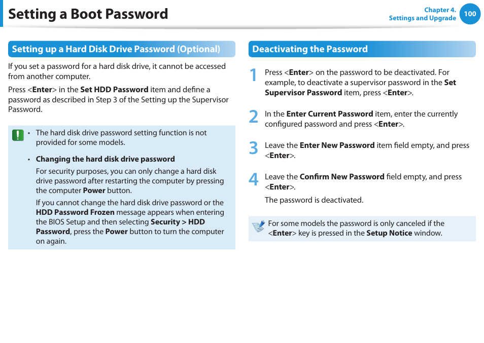 Setting a boot password | Samsung DP515A2G-K02US User Manual | Page 101 / 143