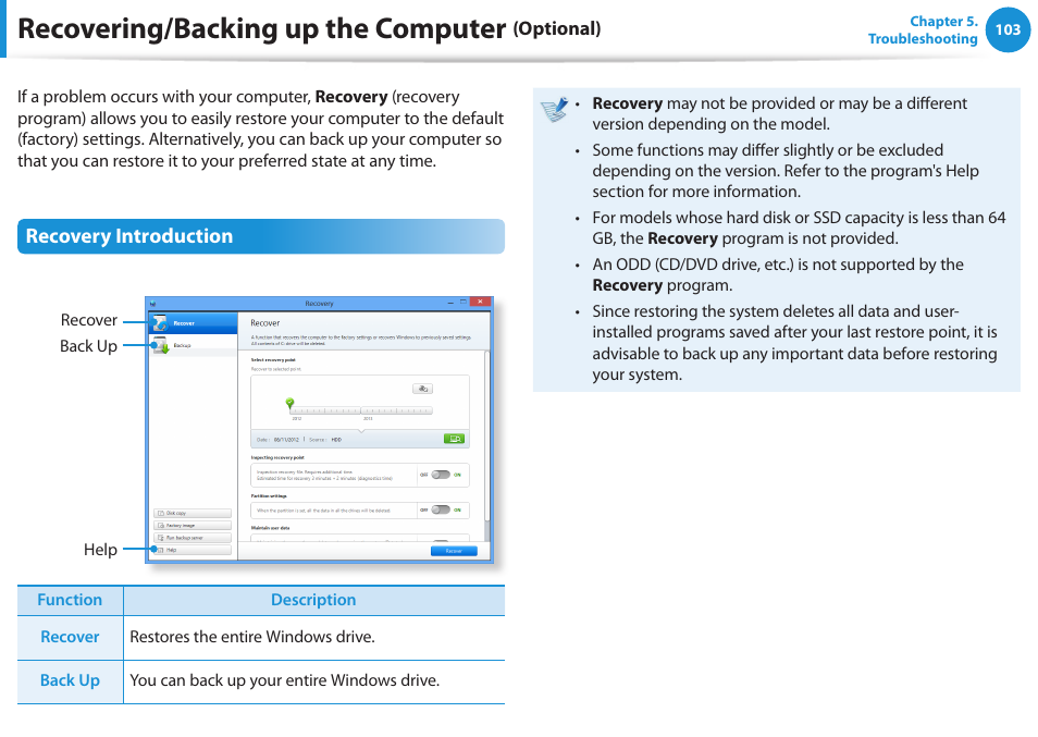 Recovering/backing up the computer (optional), Recovering/backing up the computer (optional) 103, Recovering/backing up the computer | Recovery introduction | Samsung DP515A2G-K02US User Manual | Page 104 / 143