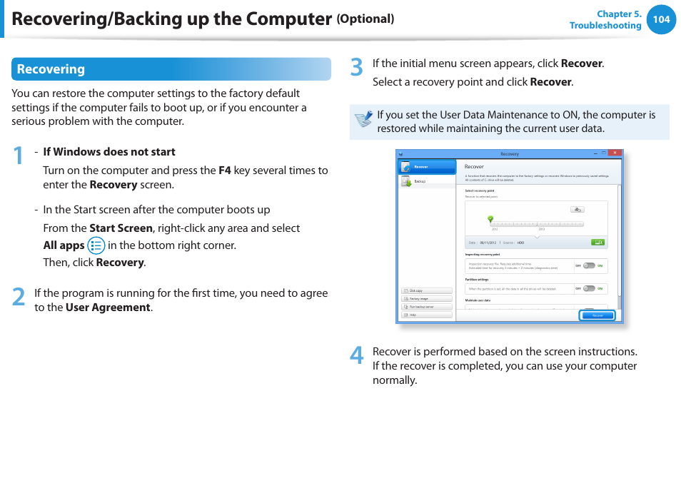 Recovering/backing up the computer | Samsung DP515A2G-K02US User Manual | Page 105 / 143