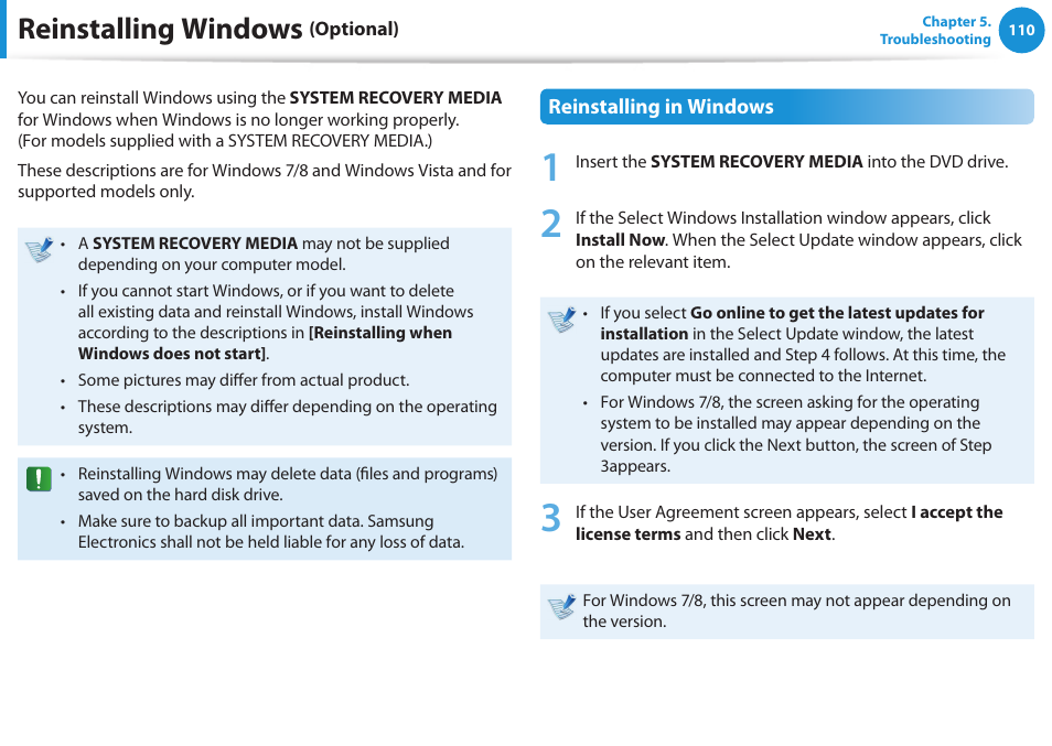 Reinstalling windows (optional), Reinstalling windows | Samsung DP515A2G-K02US User Manual | Page 111 / 143