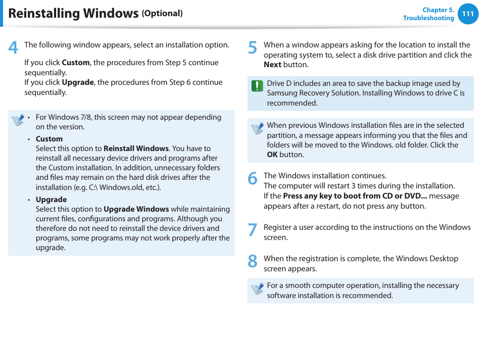 Reinstalling windows | Samsung DP515A2G-K02US User Manual | Page 112 / 143