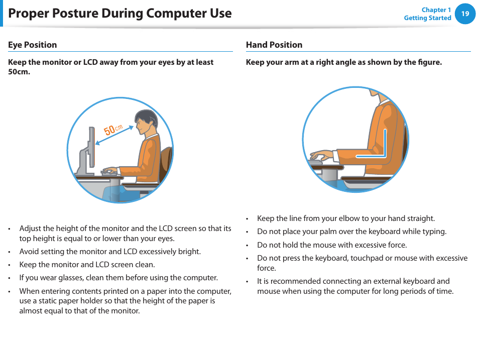 Proper posture during computer use | Samsung DP515A2G-K02US User Manual | Page 20 / 143