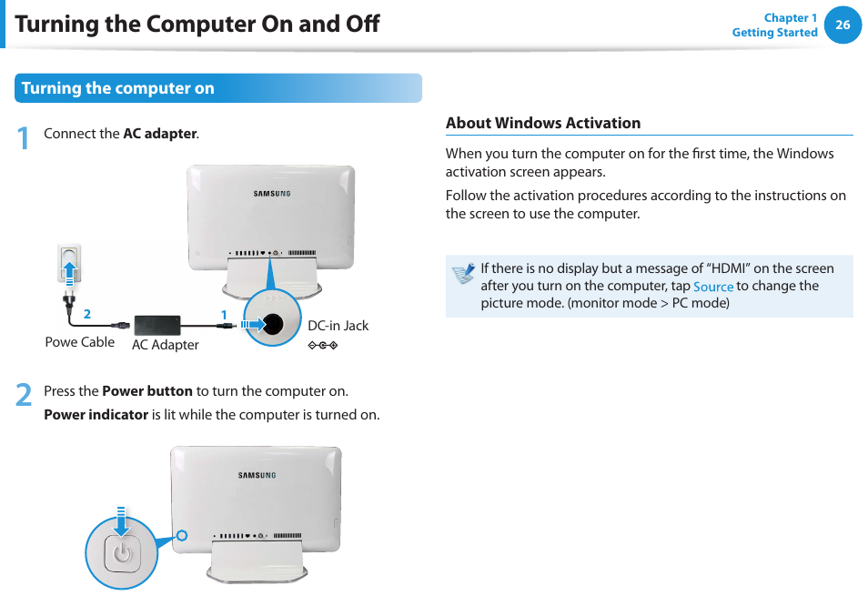 Turning the computer on and off | Samsung DP515A2G-K02US User Manual | Page 27 / 143