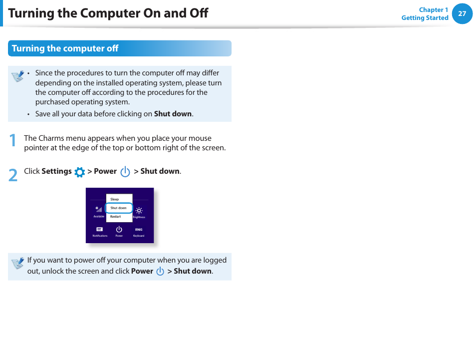 Turning the computer on and off, Turning the computer off | Samsung DP515A2G-K02US User Manual | Page 28 / 143