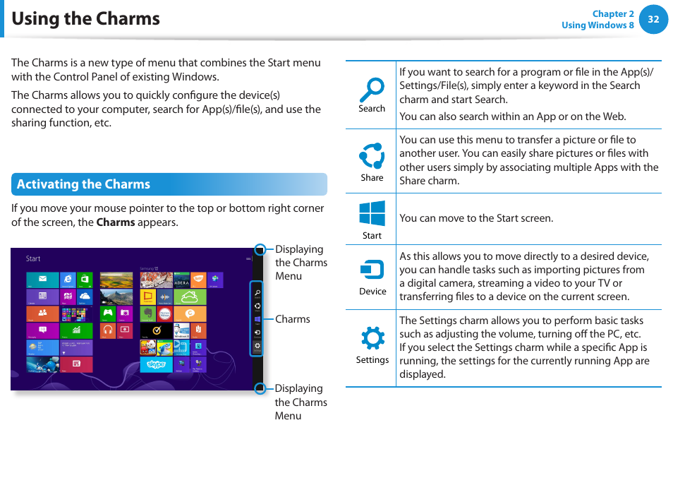 Using the charms, Activating the charms | Samsung DP515A2G-K02US User Manual | Page 33 / 143