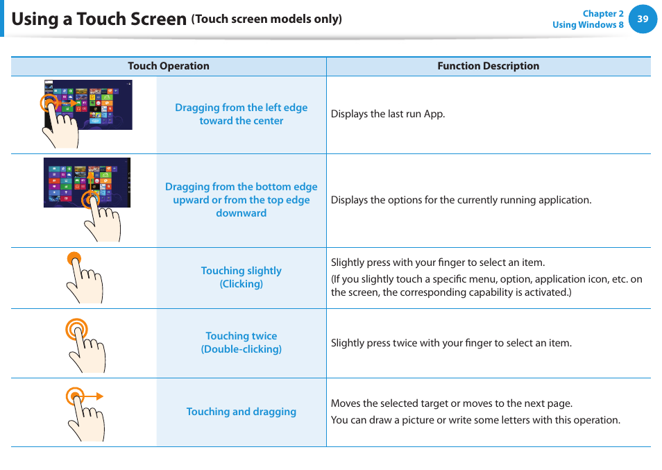 Using a touch screen | Samsung DP515A2G-K02US User Manual | Page 40 / 143