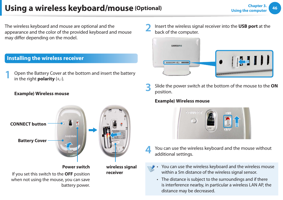 Using a wireless keyboard/mouse (optional), Using a wireless keyboard/mouse | Samsung DP515A2G-K02US User Manual | Page 47 / 143