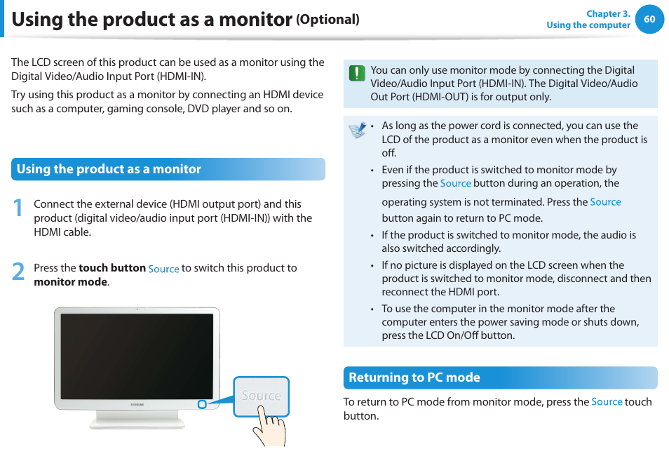 Using the product as a monitor (optional), Using the product as a monitor | Samsung DP515A2G-K02US User Manual | Page 61 / 143