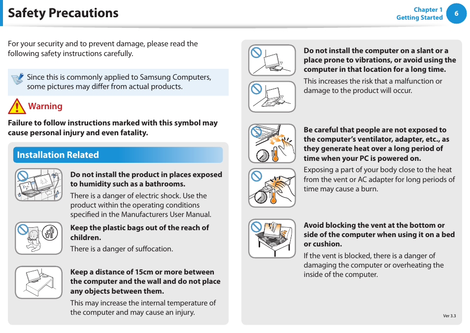 Safety precautions, Installation related, Warning | Samsung DP515A2G-K02US User Manual | Page 7 / 143