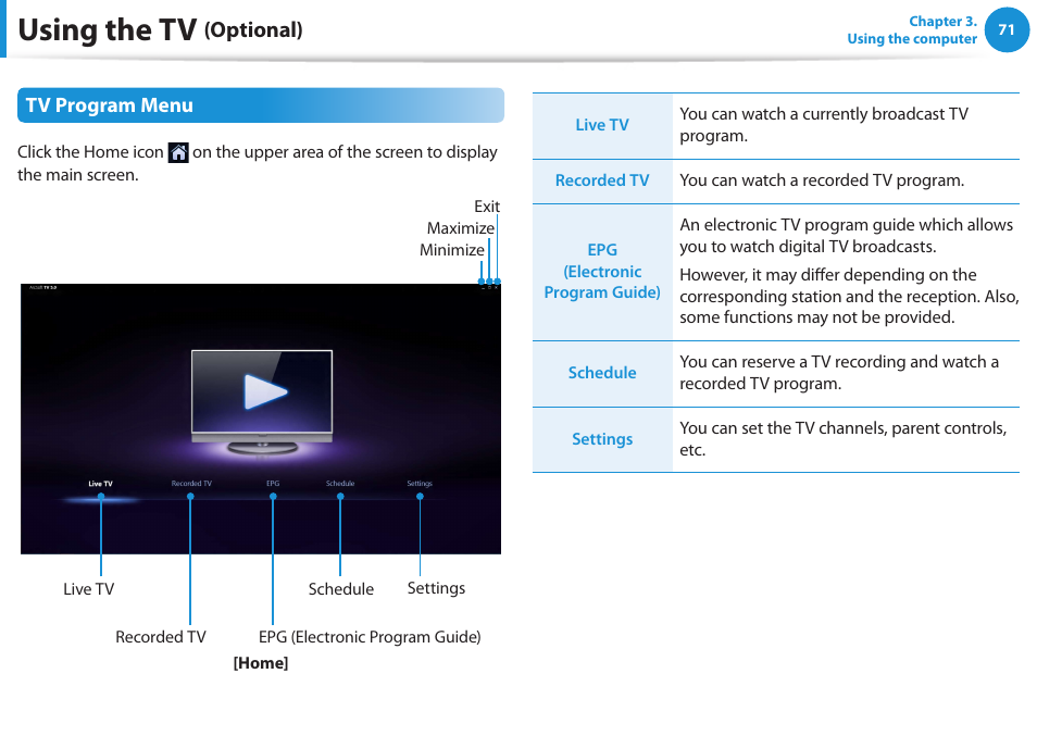 Using the tv, Optional) | Samsung DP515A2G-K02US User Manual | Page 72 / 143