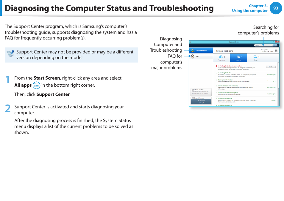 Diagnosing the computer status and troubleshooting | Samsung DP515A2G-K02US User Manual | Page 94 / 143