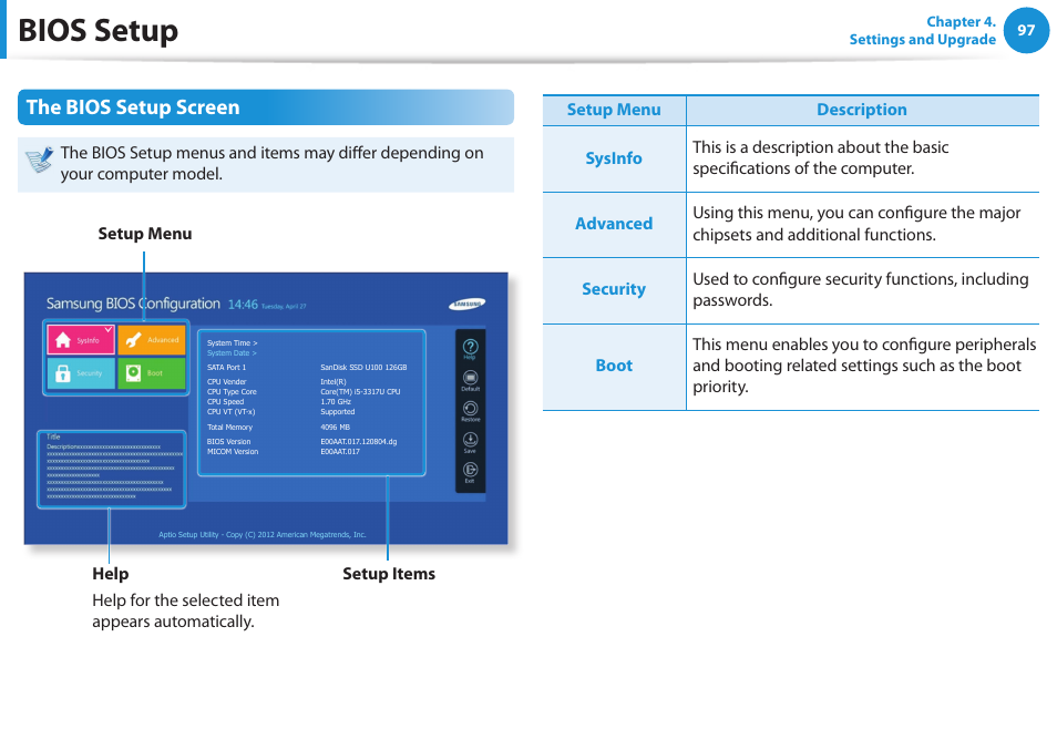 Bios setup, The bios setup screen | Samsung DP515A2G-K02US User Manual | Page 98 / 143