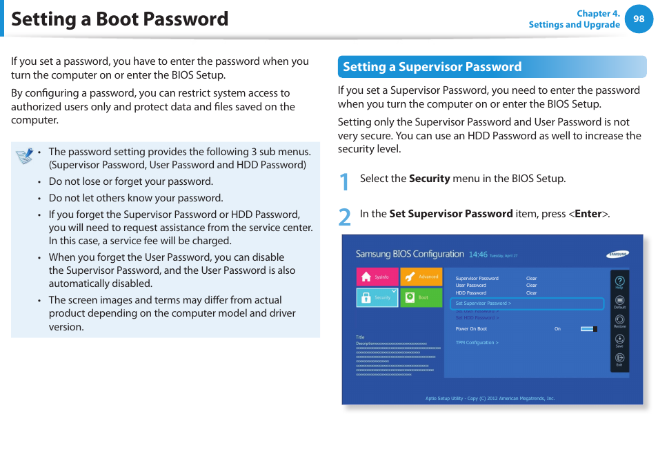 Setting a boot password, Setting a supervisor password | Samsung DP515A2G-K02US User Manual | Page 99 / 143