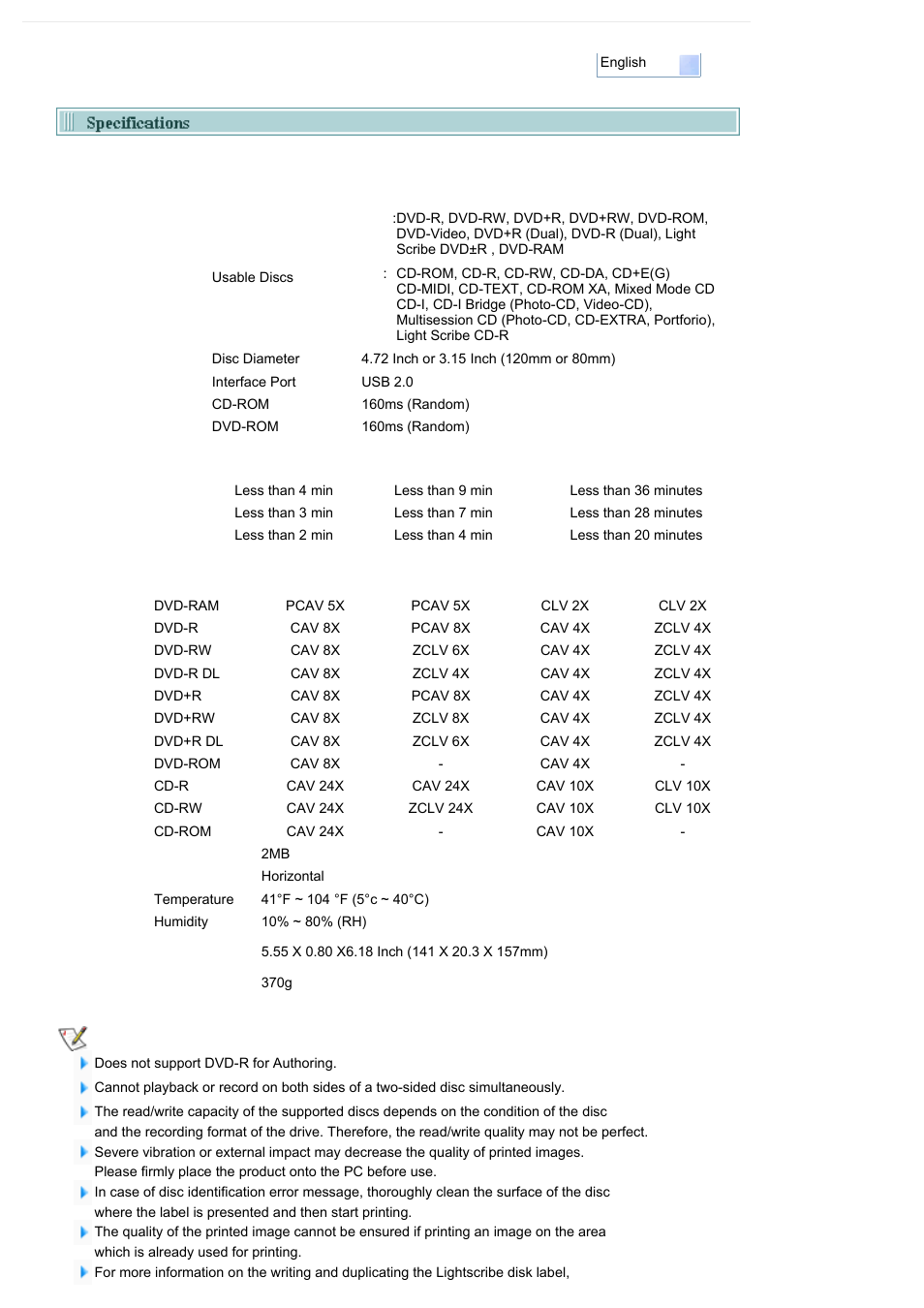 Specifications | Samsung SE-T084M-RSWD User Manual | Page 27 / 28