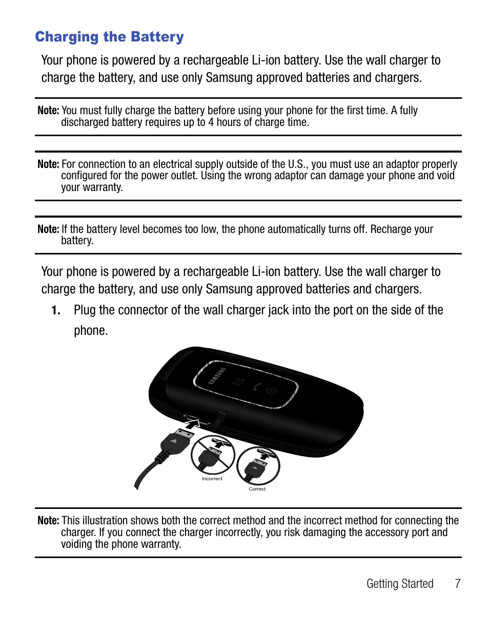 Charging the battery | Samsung SGH-T155YKGTRF User Manual | Page 11 / 56