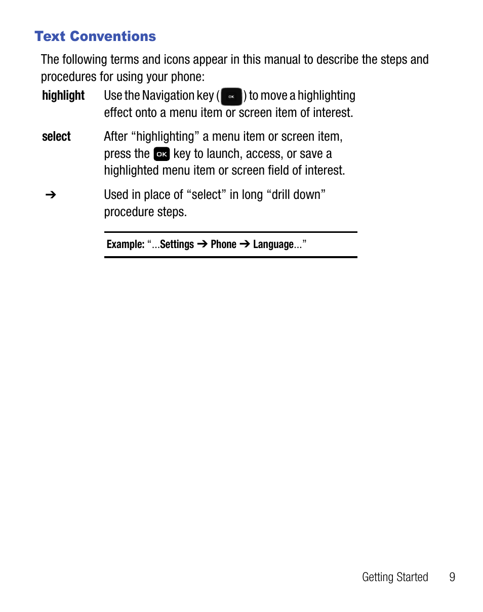 Text conventions | Samsung SGH-T155YKGTRF User Manual | Page 13 / 56