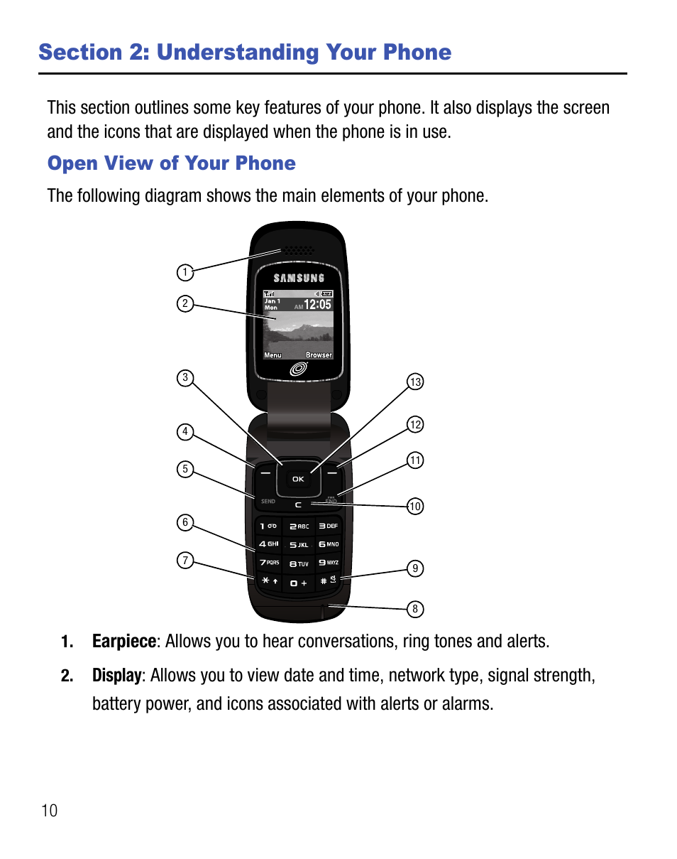 Section 2: understanding your phone, Open view of your phone | Samsung SGH-T155YKGTRF User Manual | Page 14 / 56