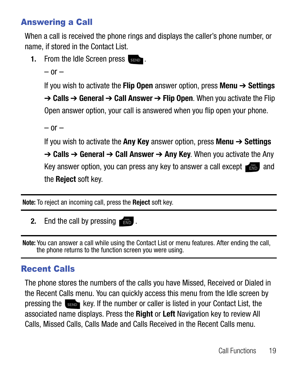 Answering a call, Recent calls, Answering a call recent calls | Samsung SGH-T155YKGTRF User Manual | Page 23 / 56