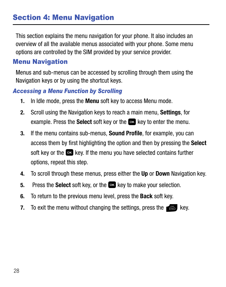 Section 4: menu navigation, Menu navigation | Samsung SGH-T155YKGTRF User Manual | Page 32 / 56