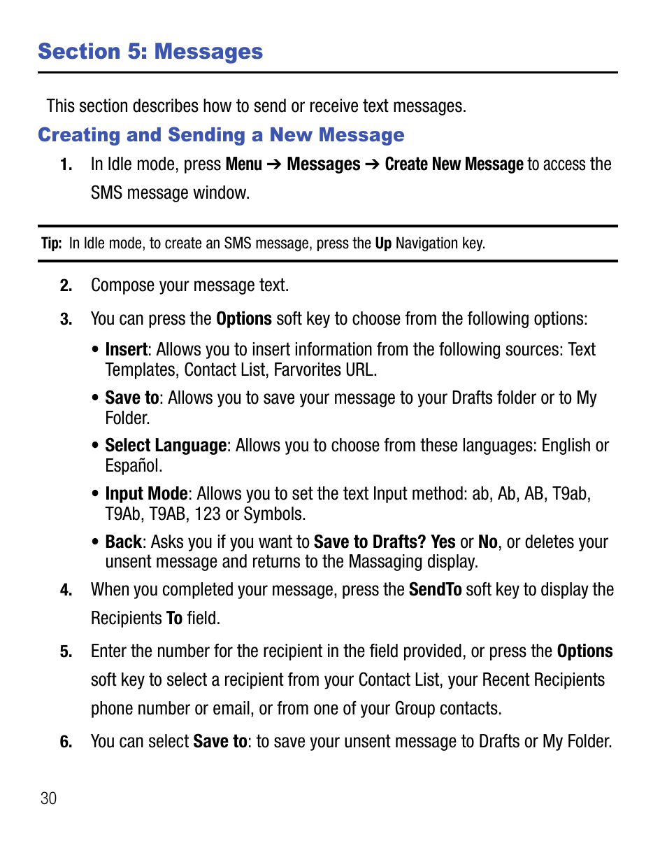 Section 5: messages, Creating and sending a new message | Samsung SGH-T155YKGTRF User Manual | Page 34 / 56