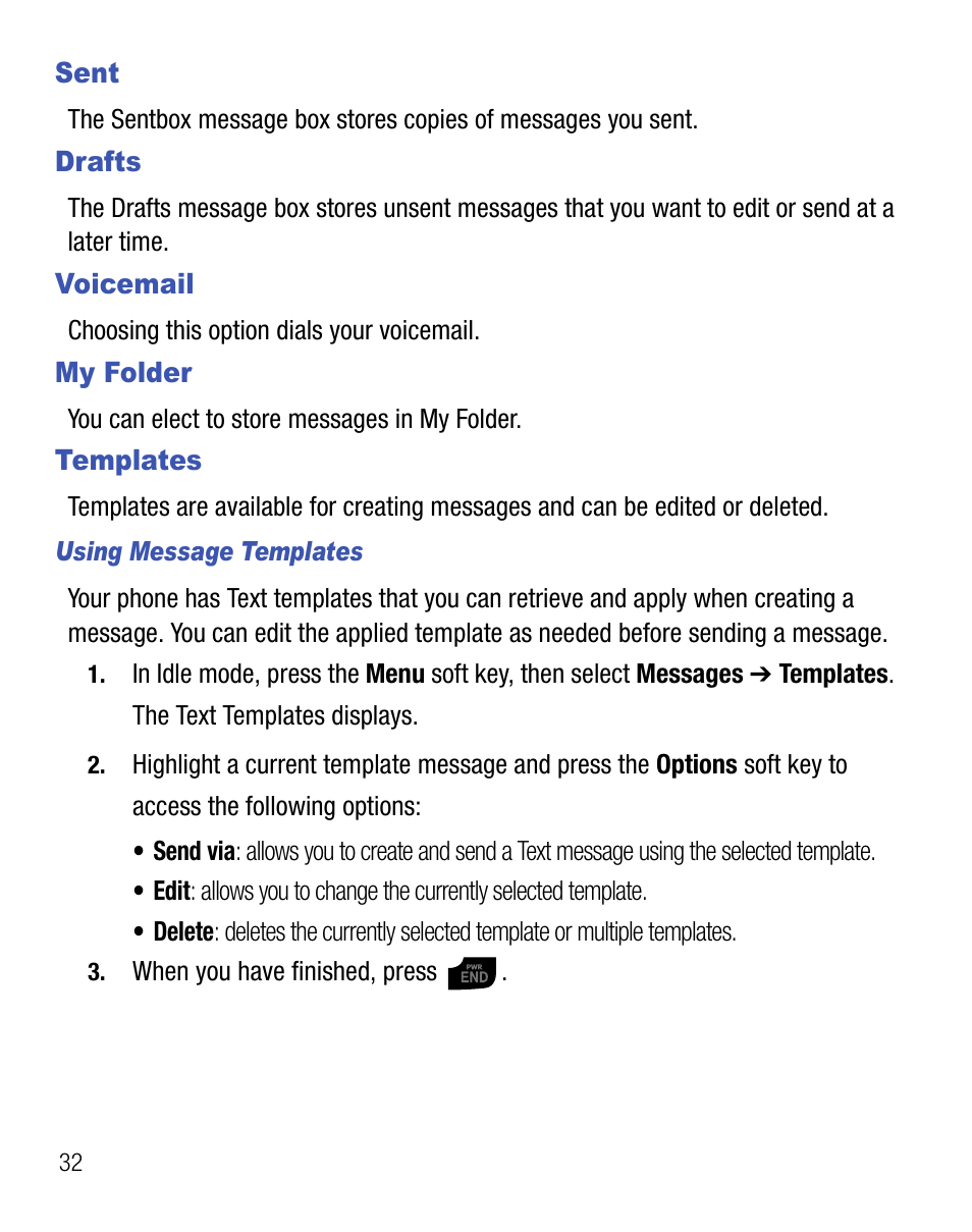 Sent, Drafts, Voicemail | My folder, Templates, Sent drafts voicemail, My folder templates | Samsung SGH-T155YKGTRF User Manual | Page 36 / 56