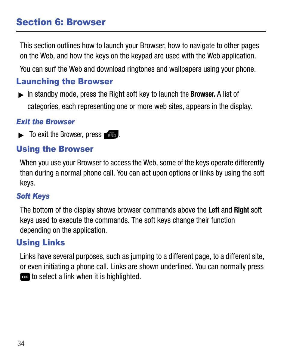 Section 6: browser, Launching the browser, Using the browser | Using links | Samsung SGH-T155YKGTRF User Manual | Page 38 / 56