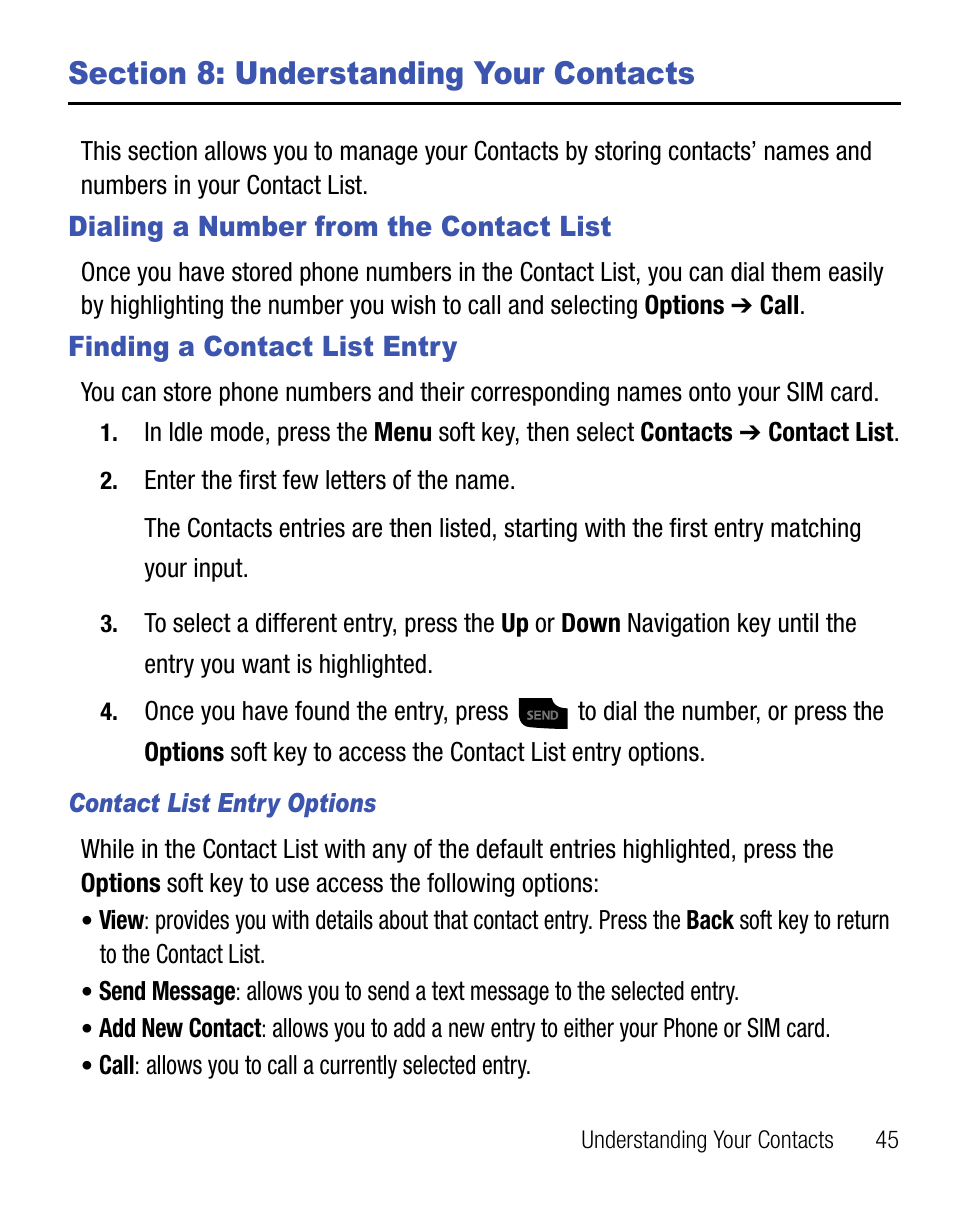 Section 8: understanding your contacts, Dialing a number from the contact list, Finding a contact list entry | Samsung SGH-T155YKGTRF User Manual | Page 49 / 56