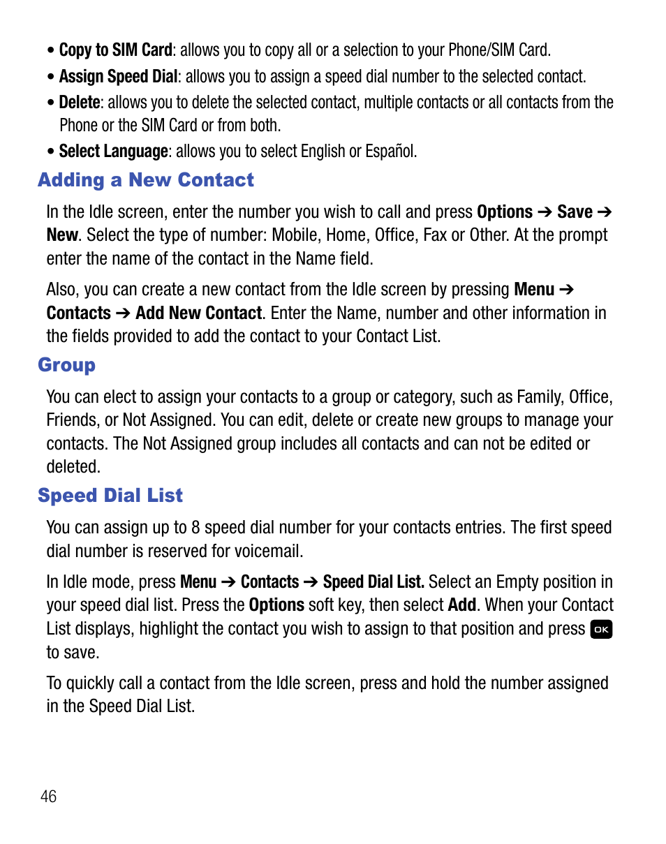 Adding a new contact, Group, Speed dial list | Adding a new contact group speed dial list | Samsung SGH-T155YKGTRF User Manual | Page 50 / 56