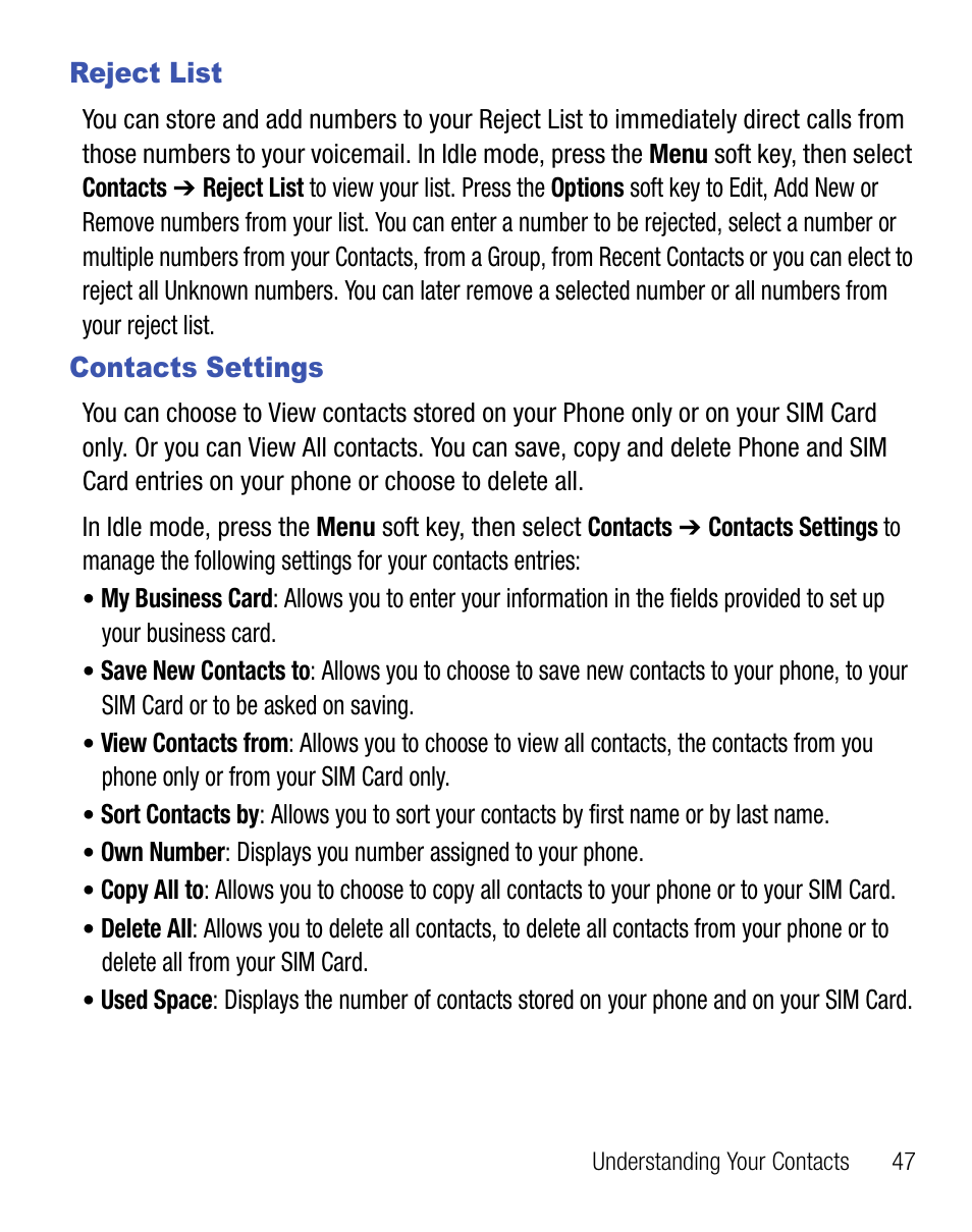 Reject list, Contacts settings, Reject list contacts settings | Samsung SGH-T155YKGTRF User Manual | Page 51 / 56