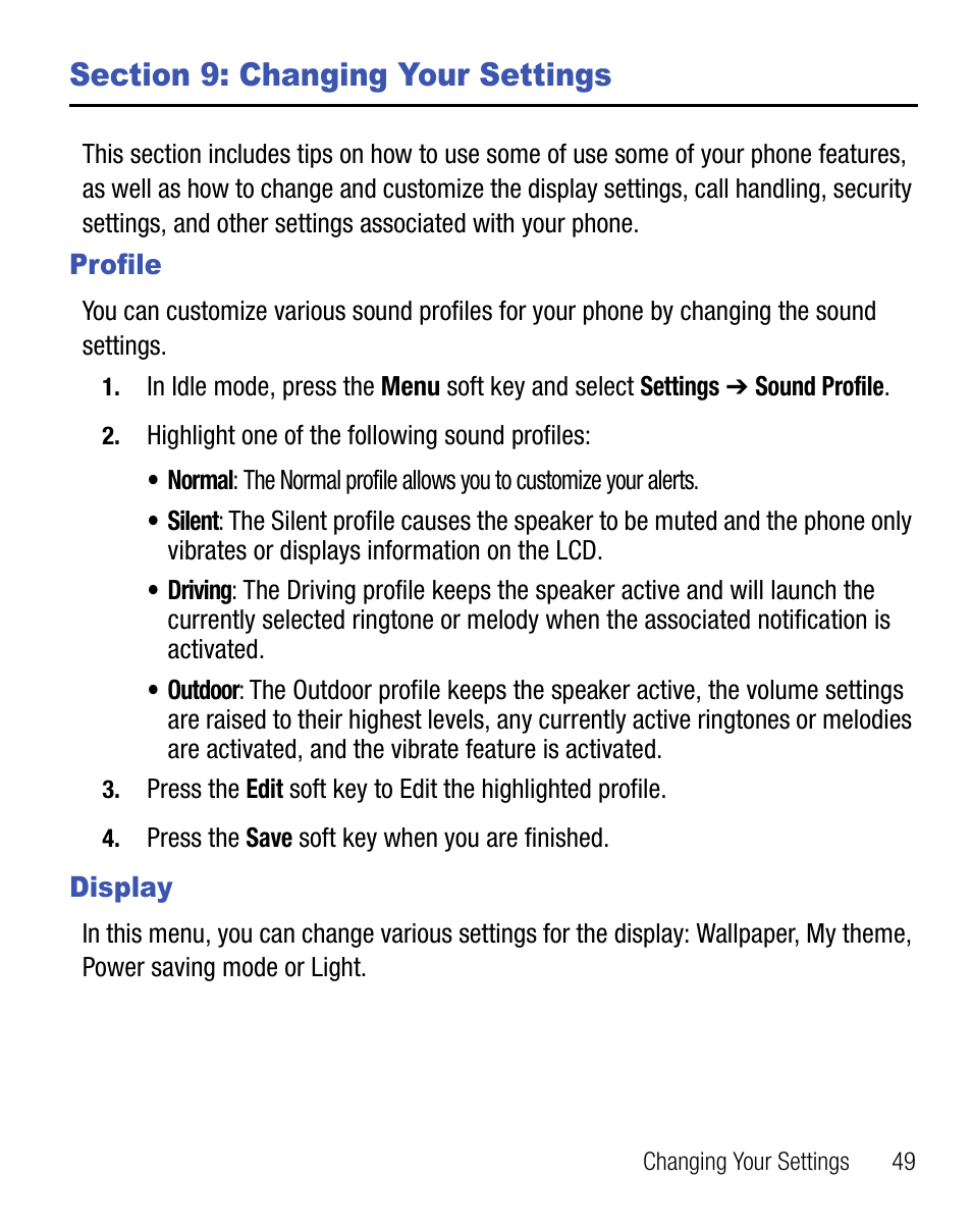 Section 9: changing your settings, Profile, Display | Profile display | Samsung SGH-T155YKGTRF User Manual | Page 53 / 56