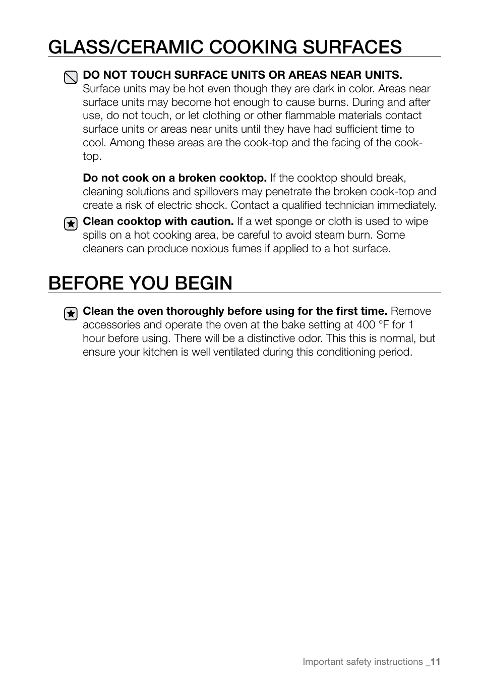 Glass/ceramic cooking surfaces, Before you begin | Samsung FE-N300WX-XAA User Manual | Page 11 / 72