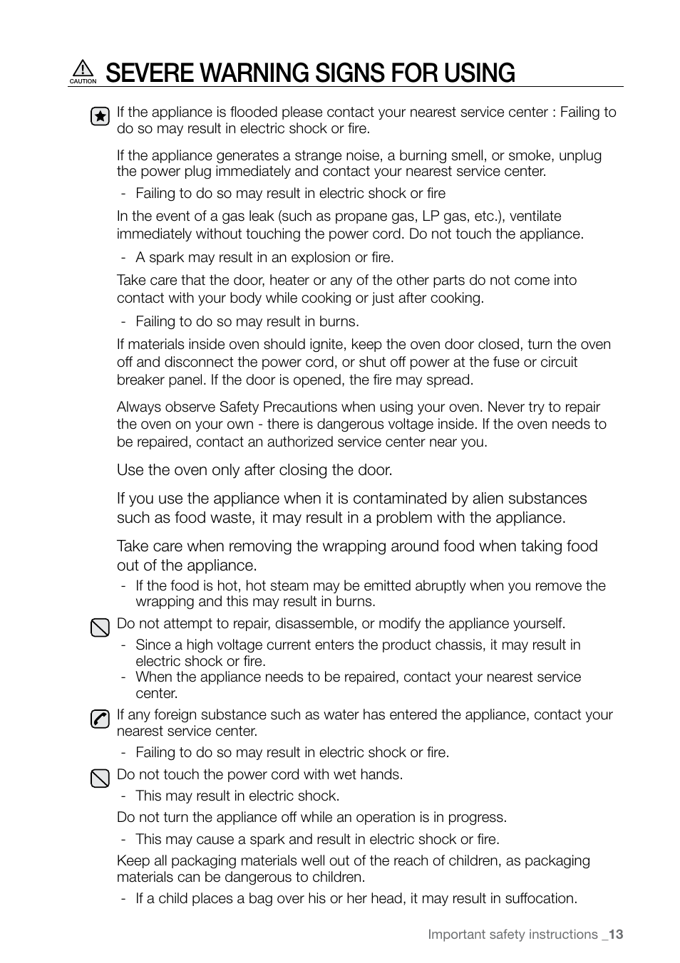 Severe warning signs for using | Samsung FE-N300WX-XAA User Manual | Page 13 / 72